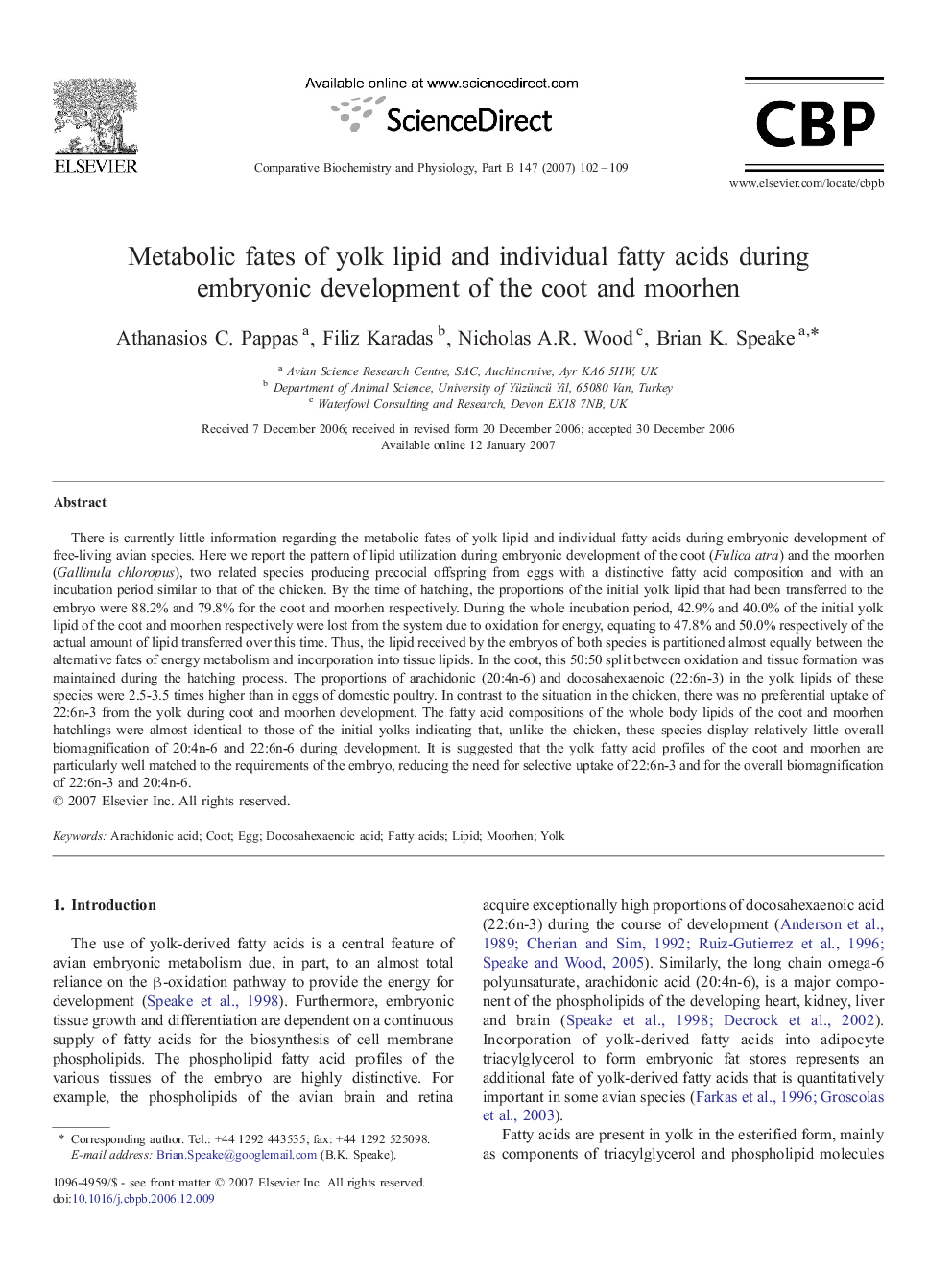 Metabolic fates of yolk lipid and individual fatty acids during embryonic development of the coot and moorhen