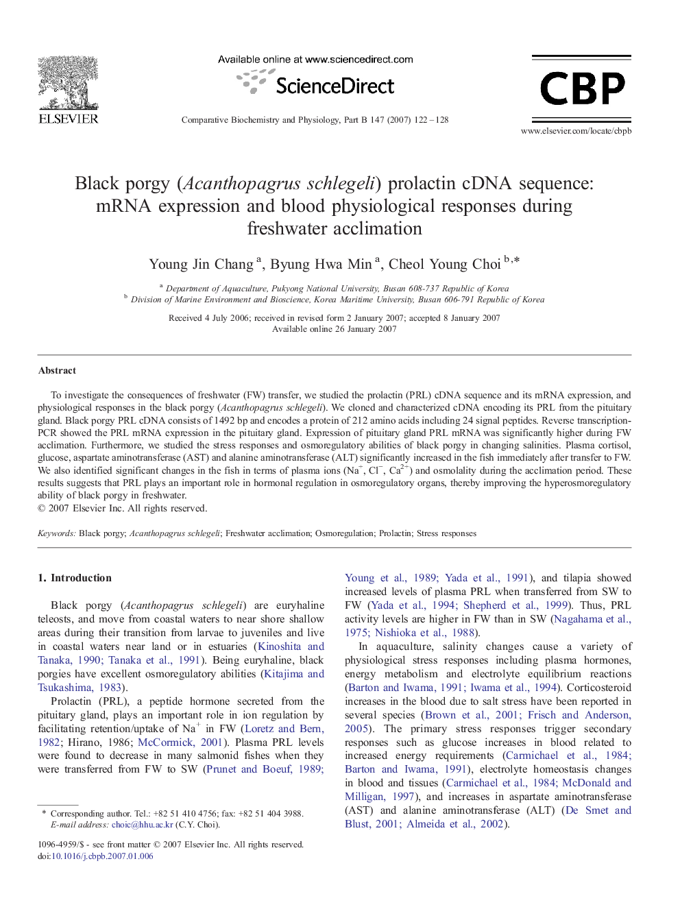 Black porgy (Acanthopagrus schlegeli) prolactin cDNA sequence: mRNA expression and blood physiological responses during freshwater acclimation