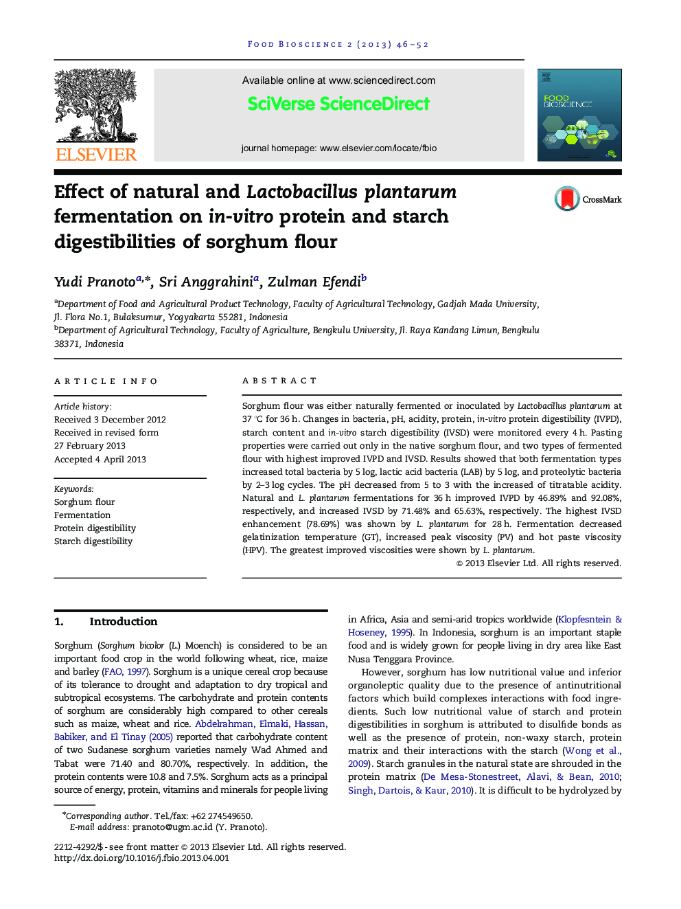 Effect of natural and Lactobacillus plantarum fermentation on in-vitro protein and starch digestibilities of sorghum flour