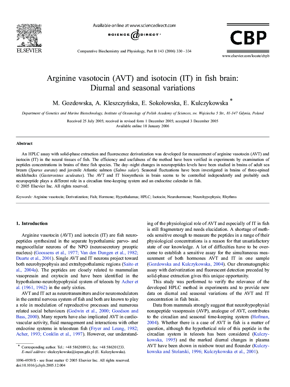 Arginine vasotocin (AVT) and isotocin (IT) in fish brain: Diurnal and seasonal variations