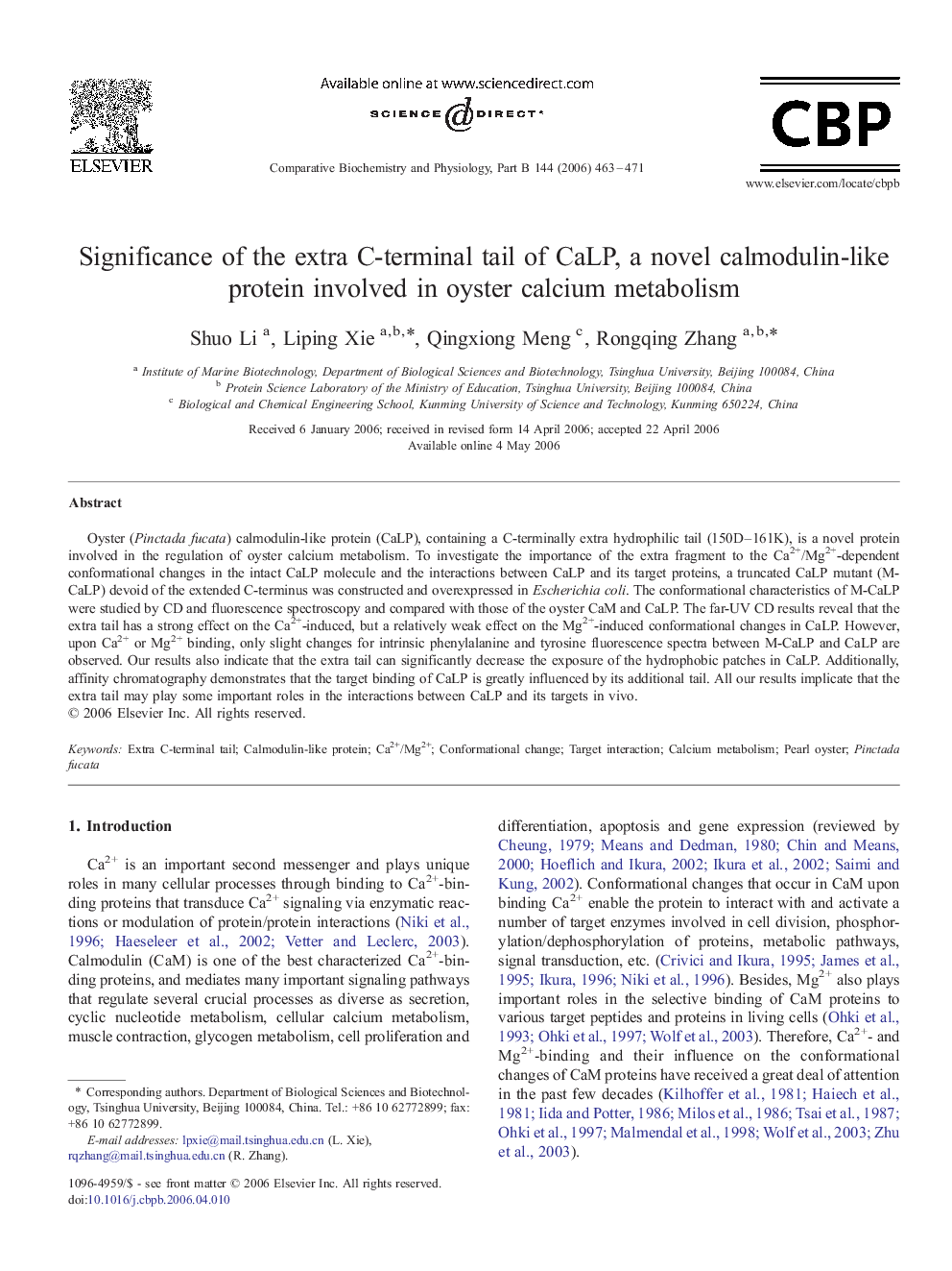 Significance of the extra C-terminal tail of CaLP, a novel calmodulin-like protein involved in oyster calcium metabolism