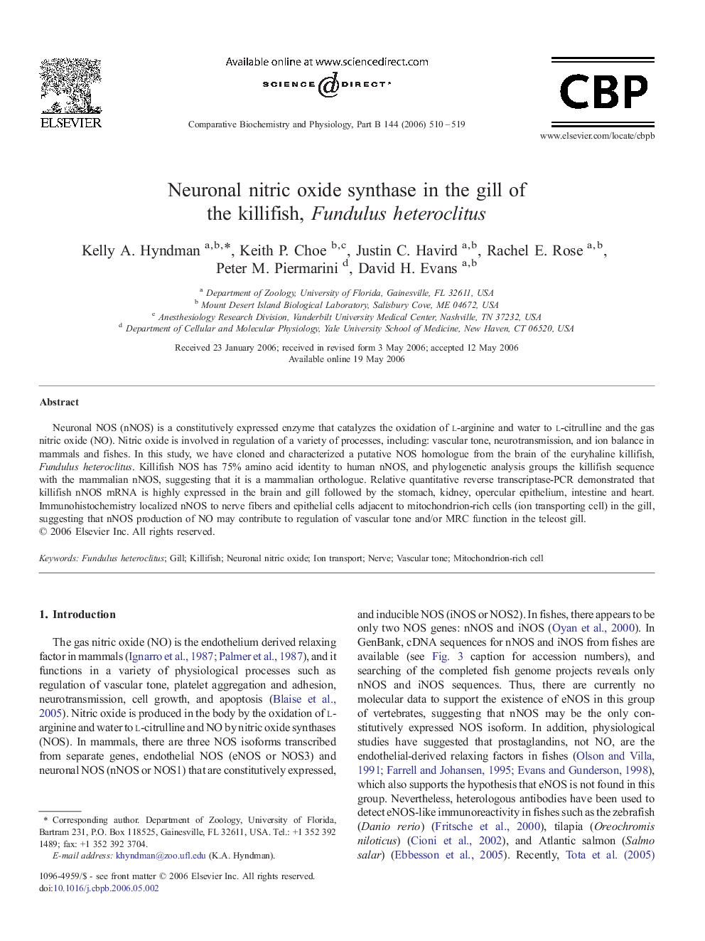 Neuronal nitric oxide synthase in the gill of the killifish, Fundulus heteroclitus