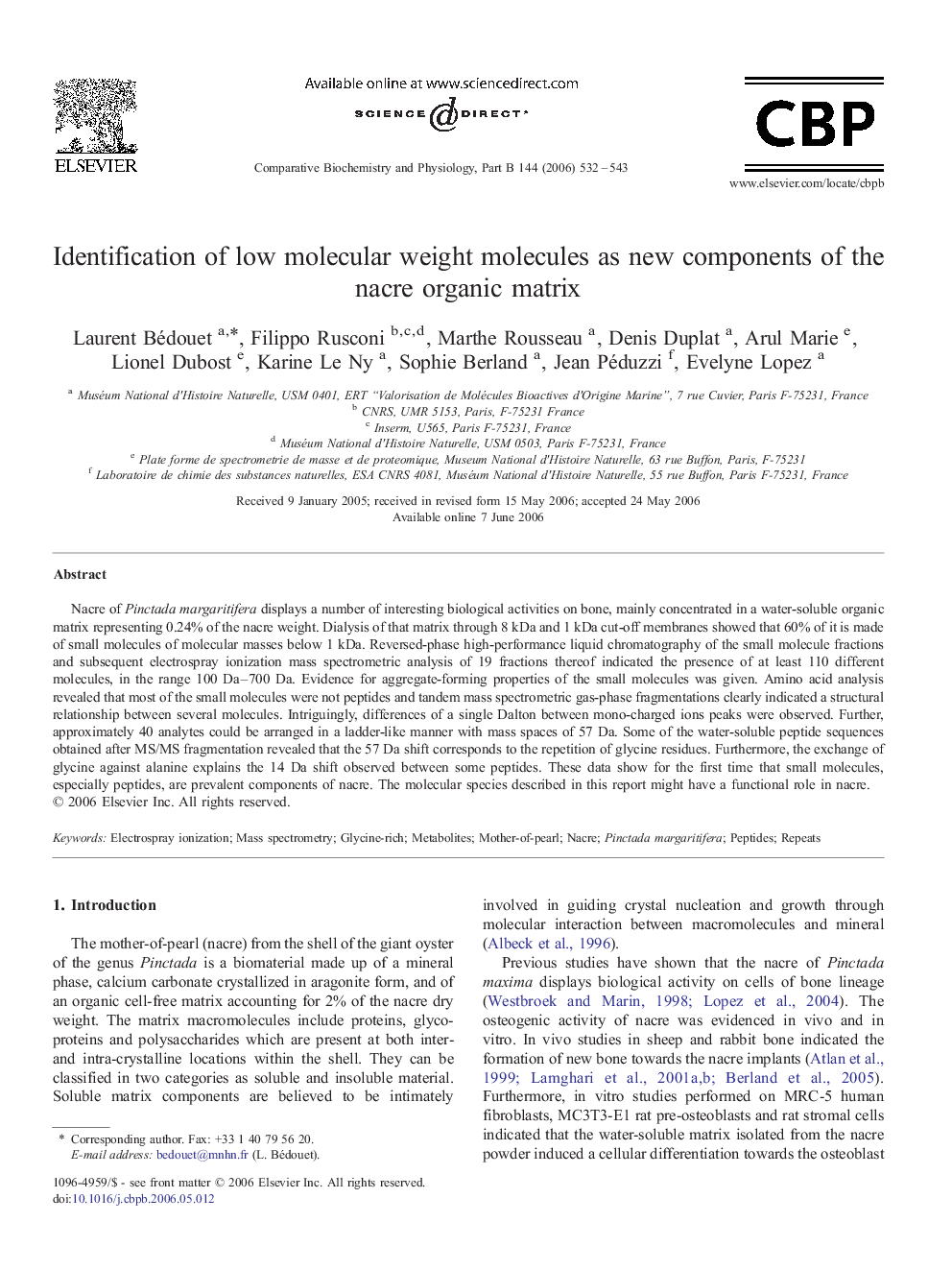 Identification of low molecular weight molecules as new components of the nacre organic matrix