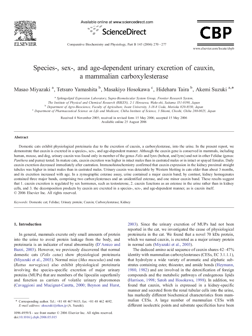 Species-, sex-, and age-dependent urinary excretion of cauxin, a mammalian carboxylesterase