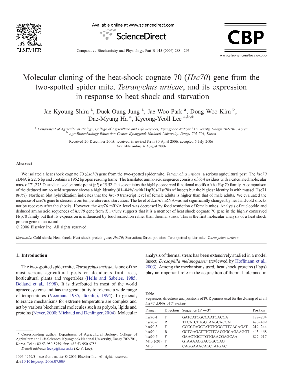 Molecular cloning of the heat-shock cognate 70 (Hsc70) gene from the two-spotted spider mite, Tetranychus urticae, and its expression in response to heat shock and starvation