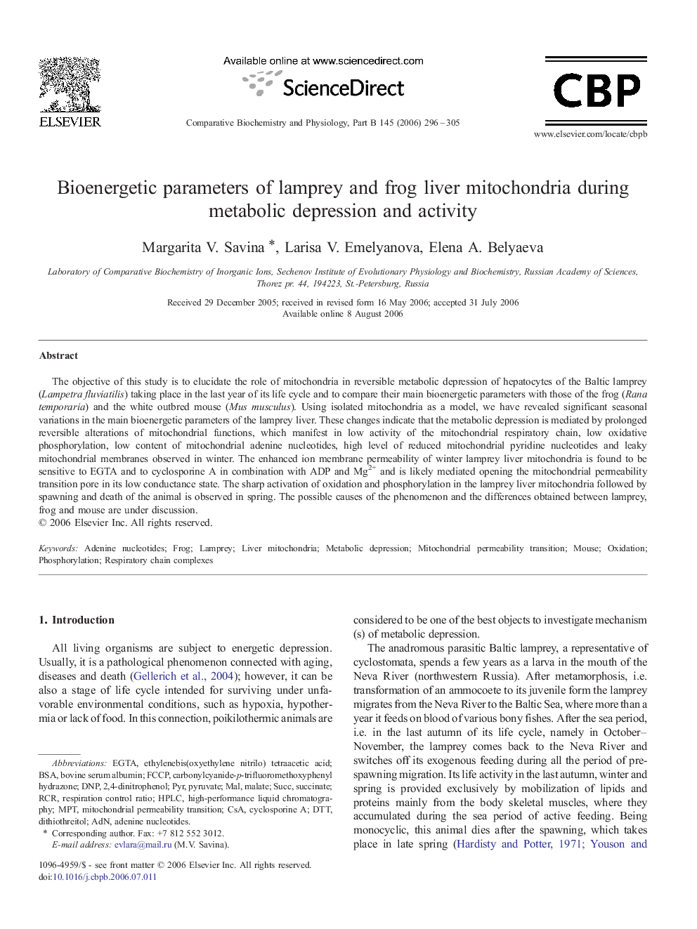 Bioenergetic parameters of lamprey and frog liver mitochondria during metabolic depression and activity