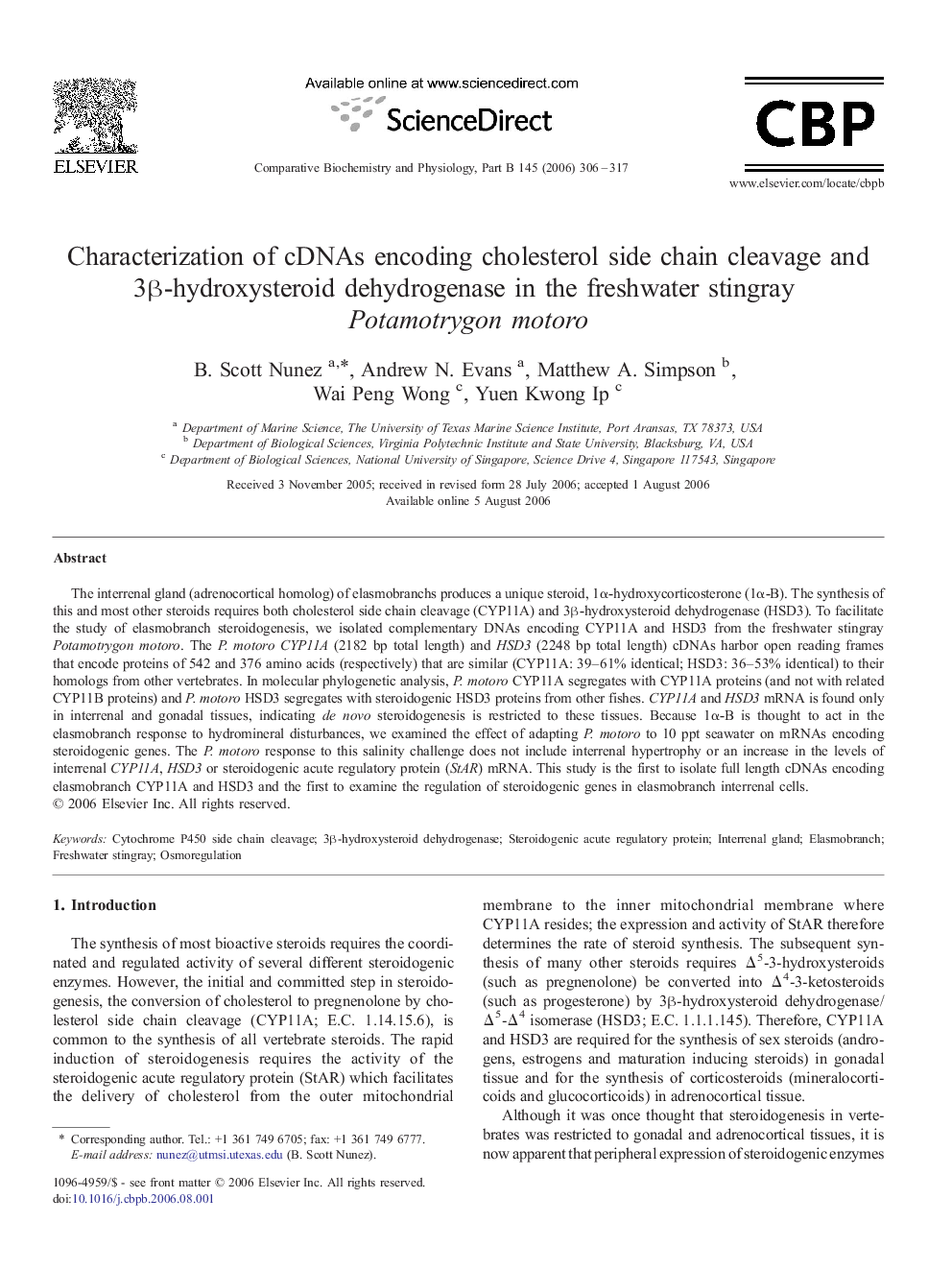 Characterization of cDNAs encoding cholesterol side chain cleavage and 3β-hydroxysteroid dehydrogenase in the freshwater stingray Potamotrygon motoro