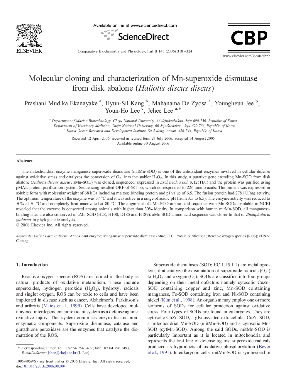 Molecular cloning and characterization of Mn-superoxide dismutase from disk abalone (Haliotis discus discus)