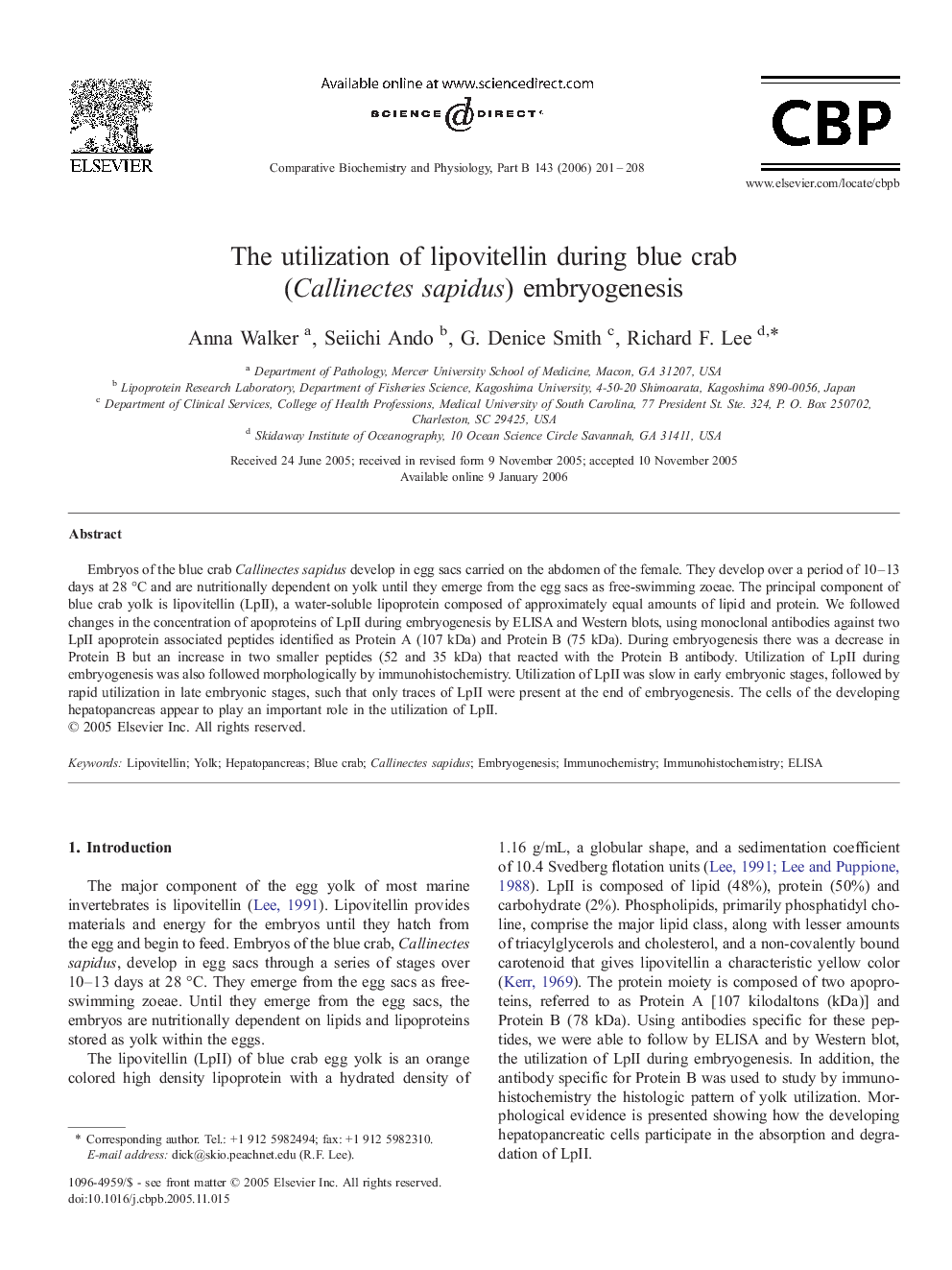 The utilization of lipovitellin during blue crab (Callinectes sapidus) embryogenesis