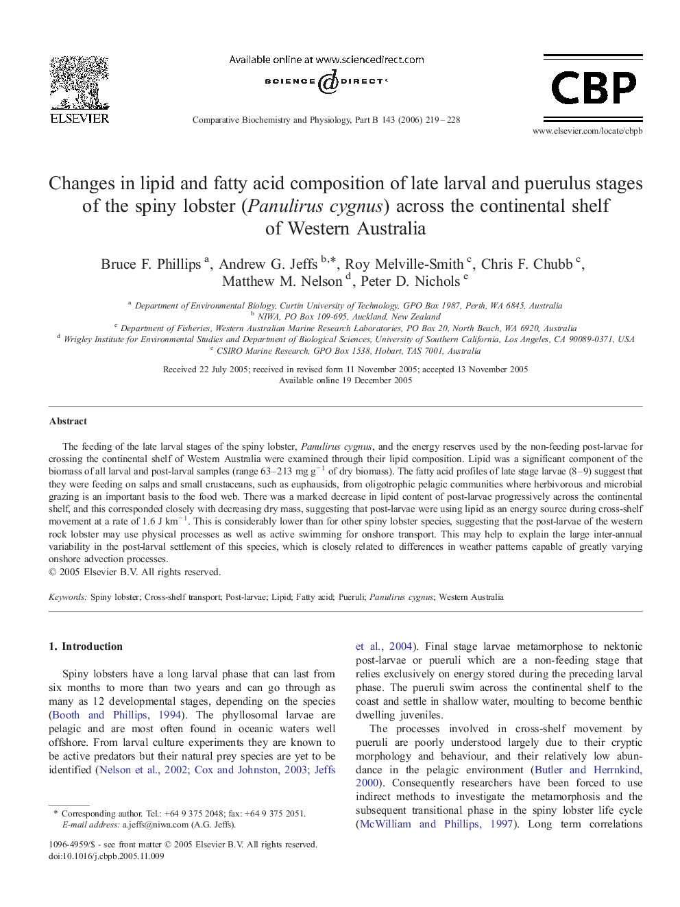 Changes in lipid and fatty acid composition of late larval and puerulus stages of the spiny lobster (Panulirus cygnus) across the continental shelf of Western Australia