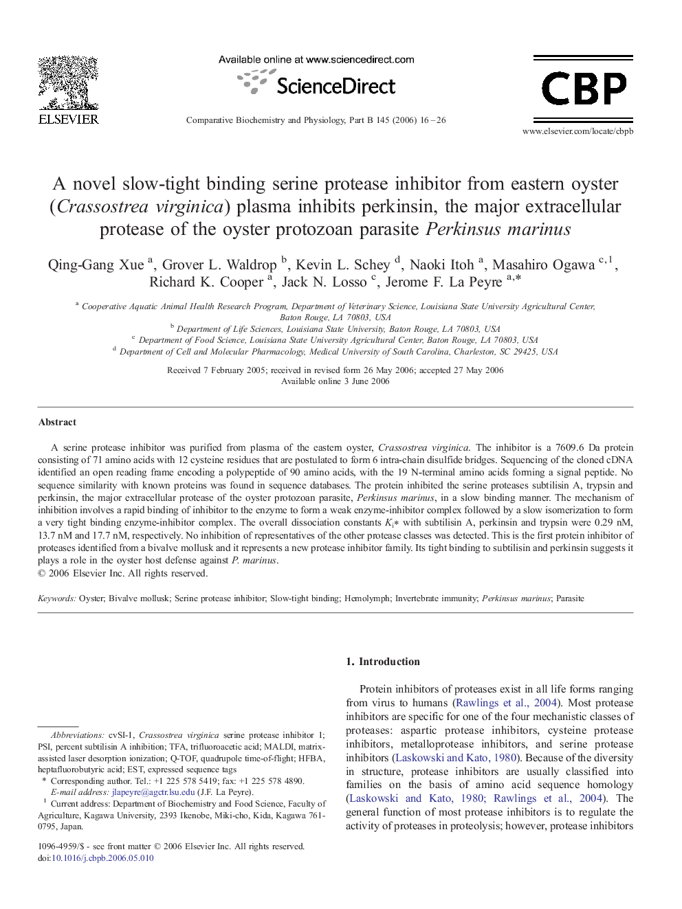 A novel slow-tight binding serine protease inhibitor from eastern oyster (Crassostrea virginica) plasma inhibits perkinsin, the major extracellular protease of the oyster protozoan parasite Perkinsus marinus