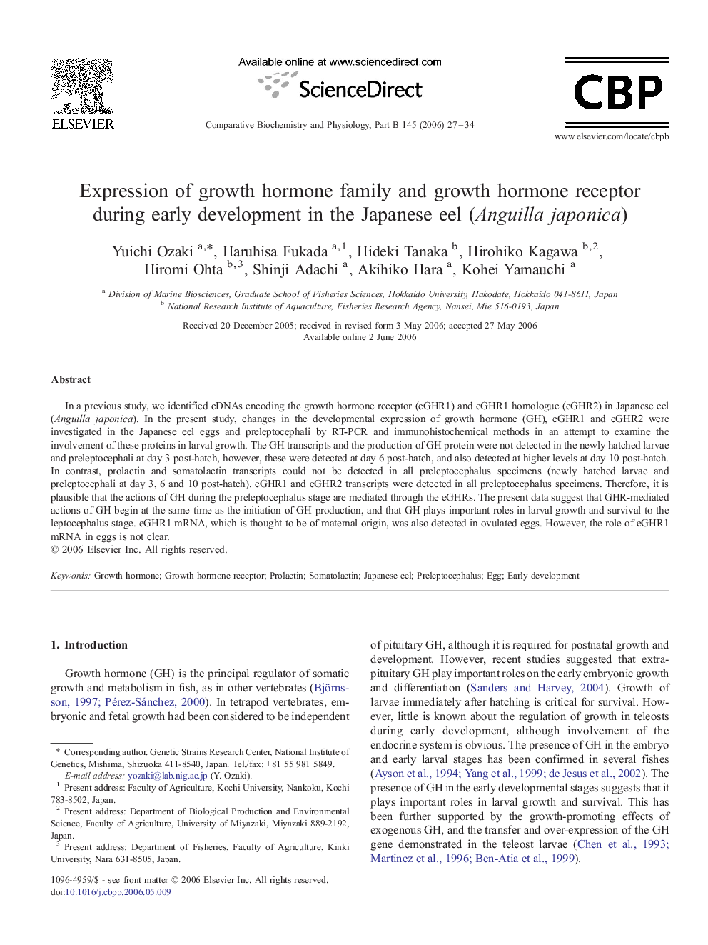 Expression of growth hormone family and growth hormone receptor during early development in the Japanese eel (Anguilla japonica)