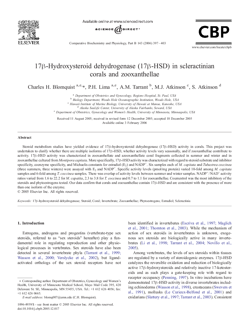 17β-Hydroxysteroid dehydrogenase (17β-HSD) in scleractinian corals and zooxanthellae