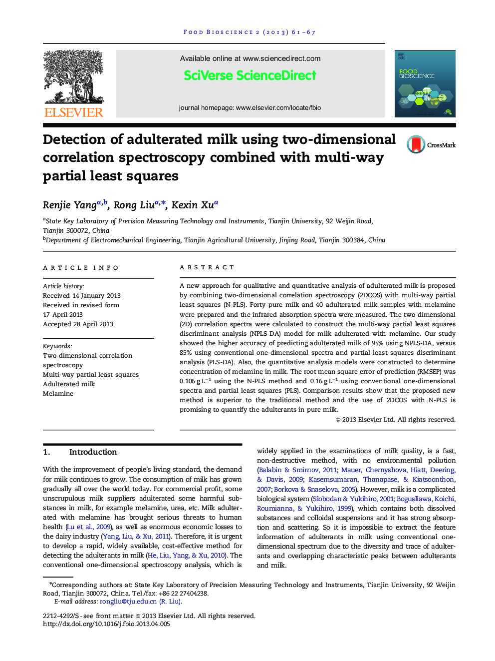 Detection of adulterated milk using two-dimensional correlation spectroscopy combined with multi-way partial least squares