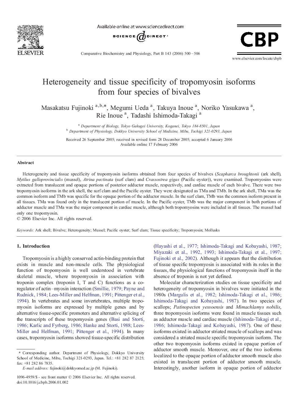 Heterogeneity and tissue specificity of tropomyosin isoforms from four species of bivalves