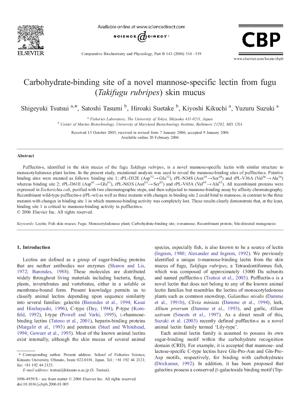 Carbohydrate-binding site of a novel mannose-specific lectin from fugu (Takifugu rubripes) skin mucus