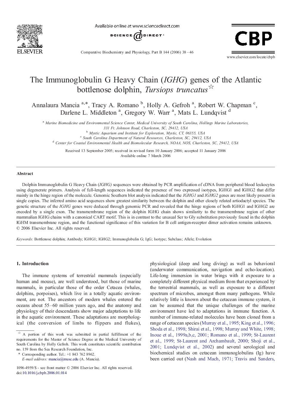 The Immunoglobulin G Heavy Chain (IGHG) genes of the Atlantic bottlenose dolphin, Tursiops truncatus 