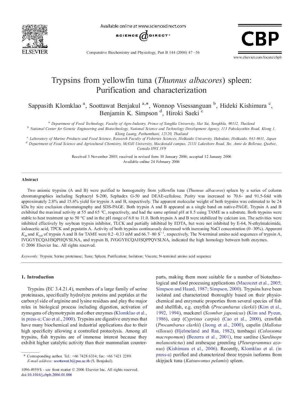 Trypsins from yellowfin tuna (Thunnus albacores) spleen: Purification and characterization