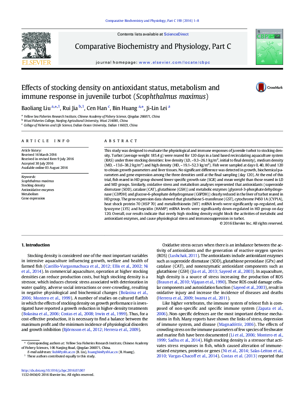 Effects of stocking density on antioxidant status, metabolism and immune response in juvenile turbot (Scophthalmus maximus)