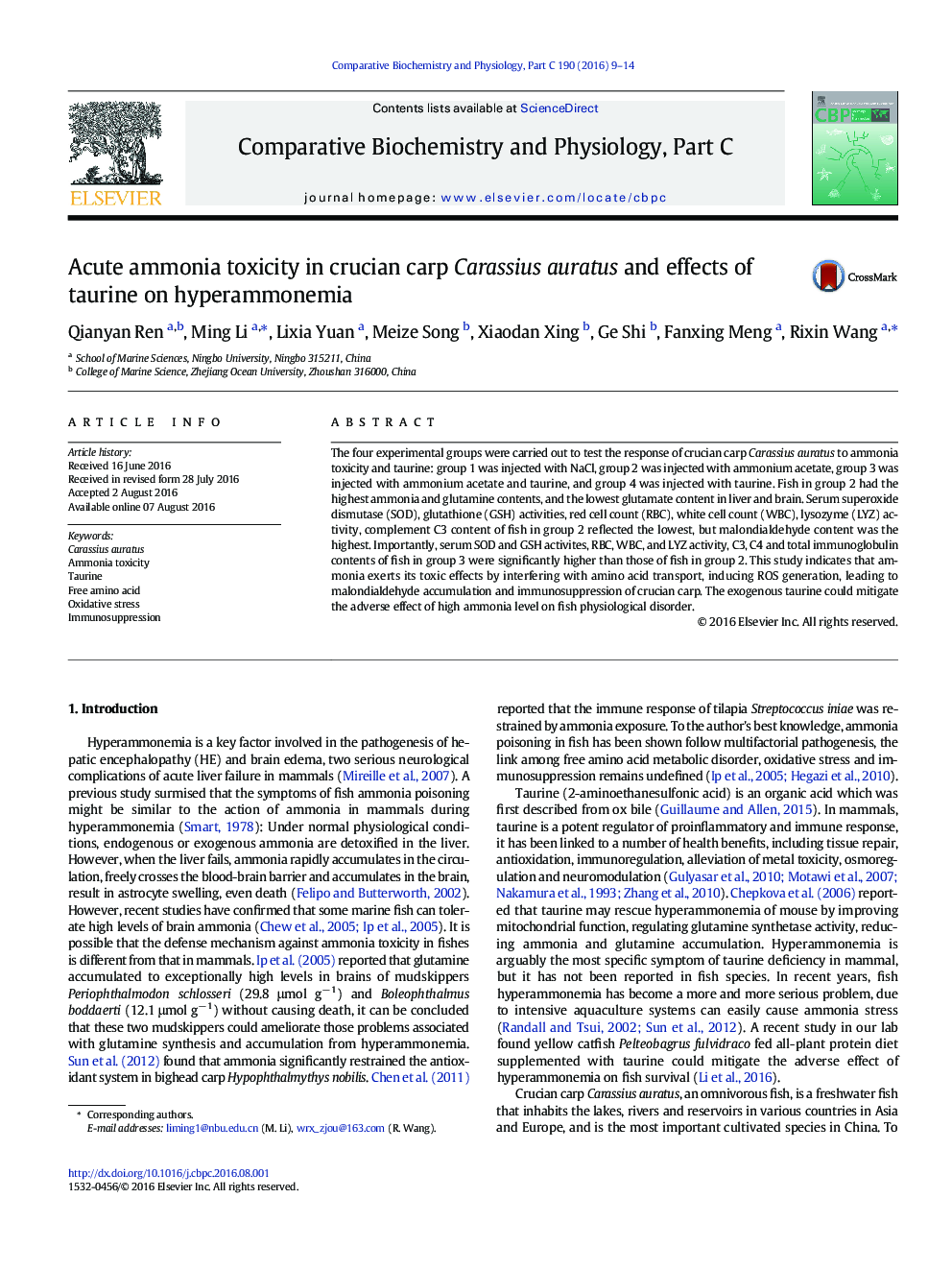 Acute ammonia toxicity in crucian carp Carassius auratus and effects of taurine on hyperammonemia