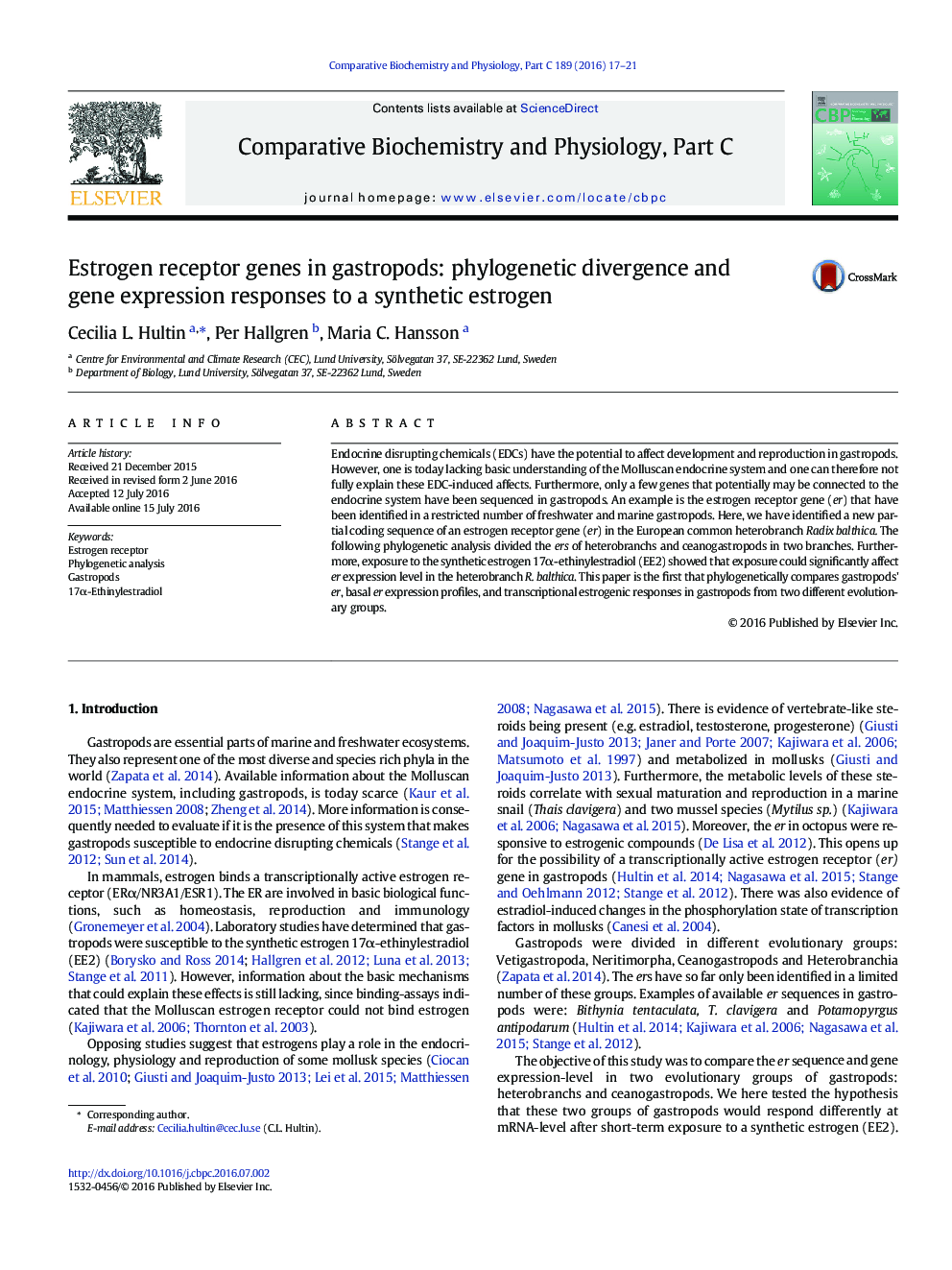 Estrogen receptor genes in gastropods: phylogenetic divergence and gene expression responses to a synthetic estrogen