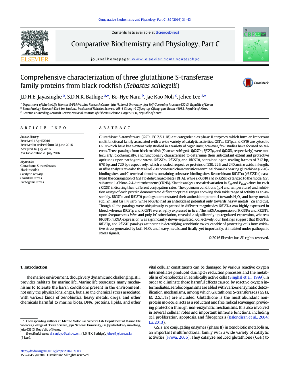 Comprehensive characterization of three glutathione S-transferase family proteins from black rockfish (Sebastes schlegelii)