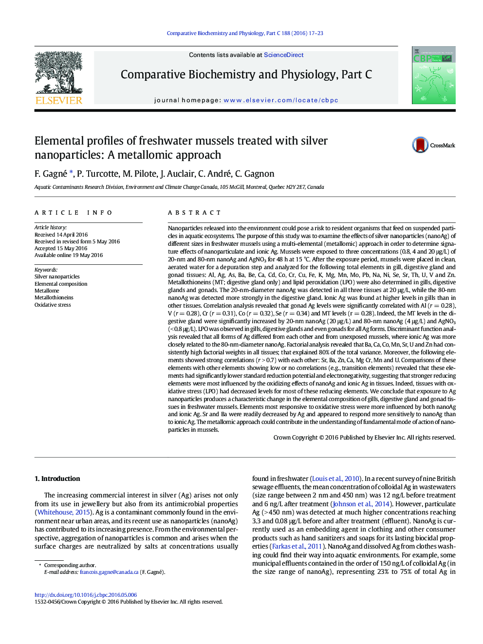 Elemental profiles of freshwater mussels treated with silver nanoparticles: A metallomic approach