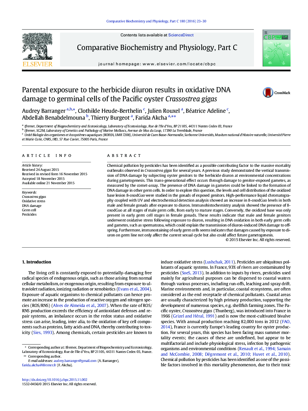 Parental exposure to the herbicide diuron results in oxidative DNA damage to germinal cells of the Pacific oyster Crassostrea gigas