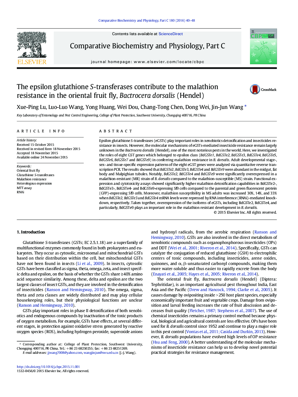 The epsilon glutathione S-transferases contribute to the malathion resistance in the oriental fruit fly, Bactrocera dorsalis (Hendel)