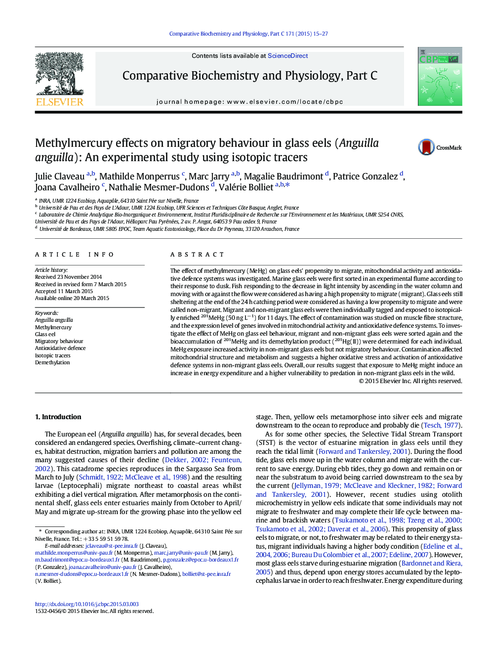 Methylmercury effects on migratory behaviour in glass eels (Anguilla anguilla): An experimental study using isotopic tracers