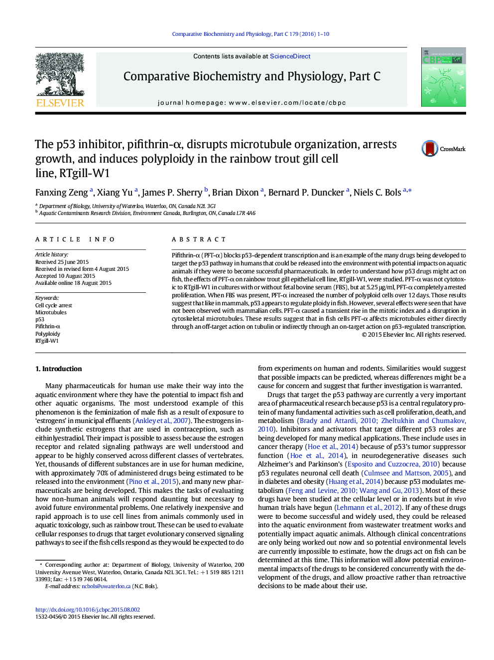 The p53 inhibitor, pifithrin-Î±, disrupts microtubule organization, arrests growth, and induces polyploidy in the rainbow trout gill cell line, RTgill-W1