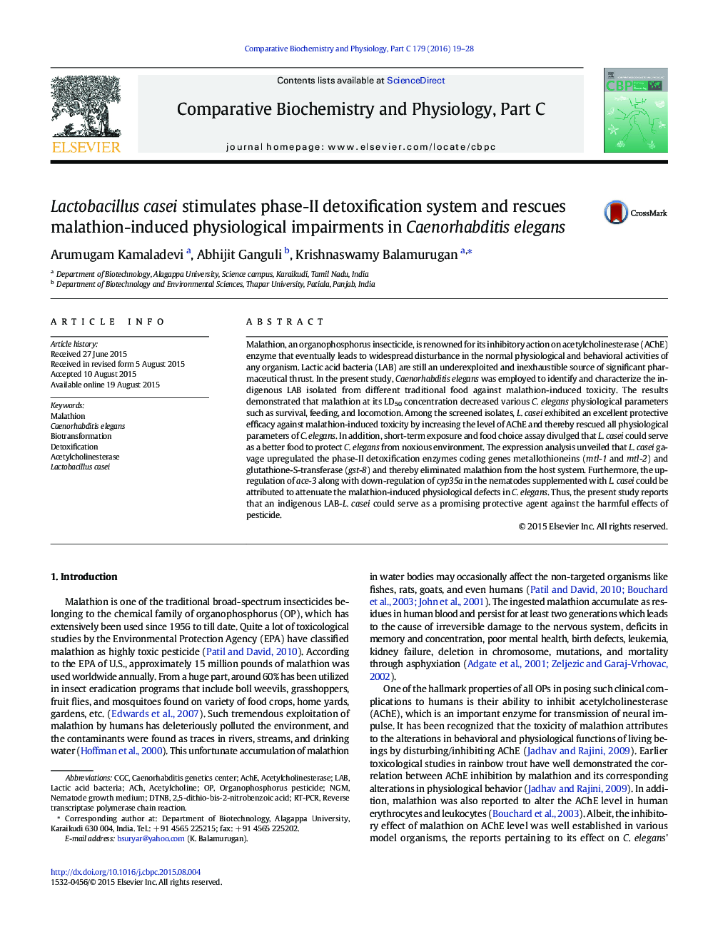 Lactobacillus casei stimulates phase-II detoxification system and rescues malathion-induced physiological impairments in Caenorhabditis elegans