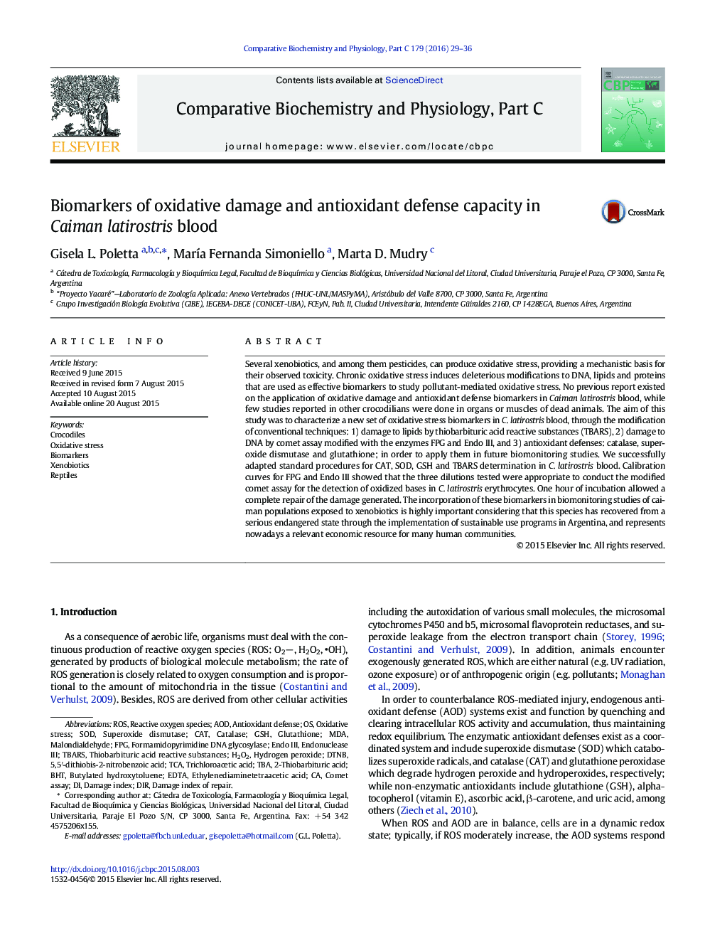Biomarkers of oxidative damage and antioxidant defense capacity in Caiman latirostris blood