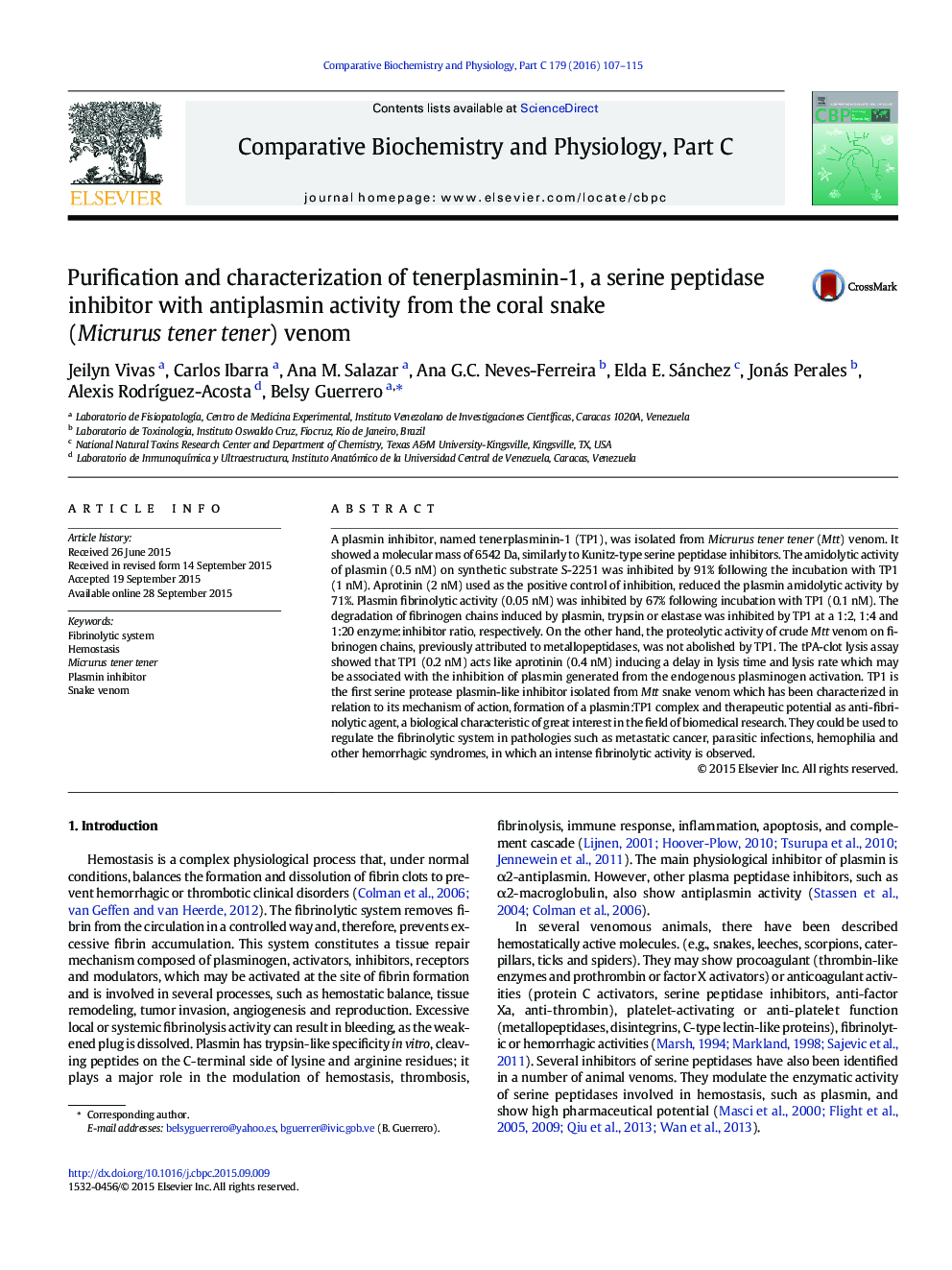 Purification and characterization of tenerplasminin-1, a serine peptidase inhibitor with antiplasmin activity from the coral snake (Micrurus tener tener) venom