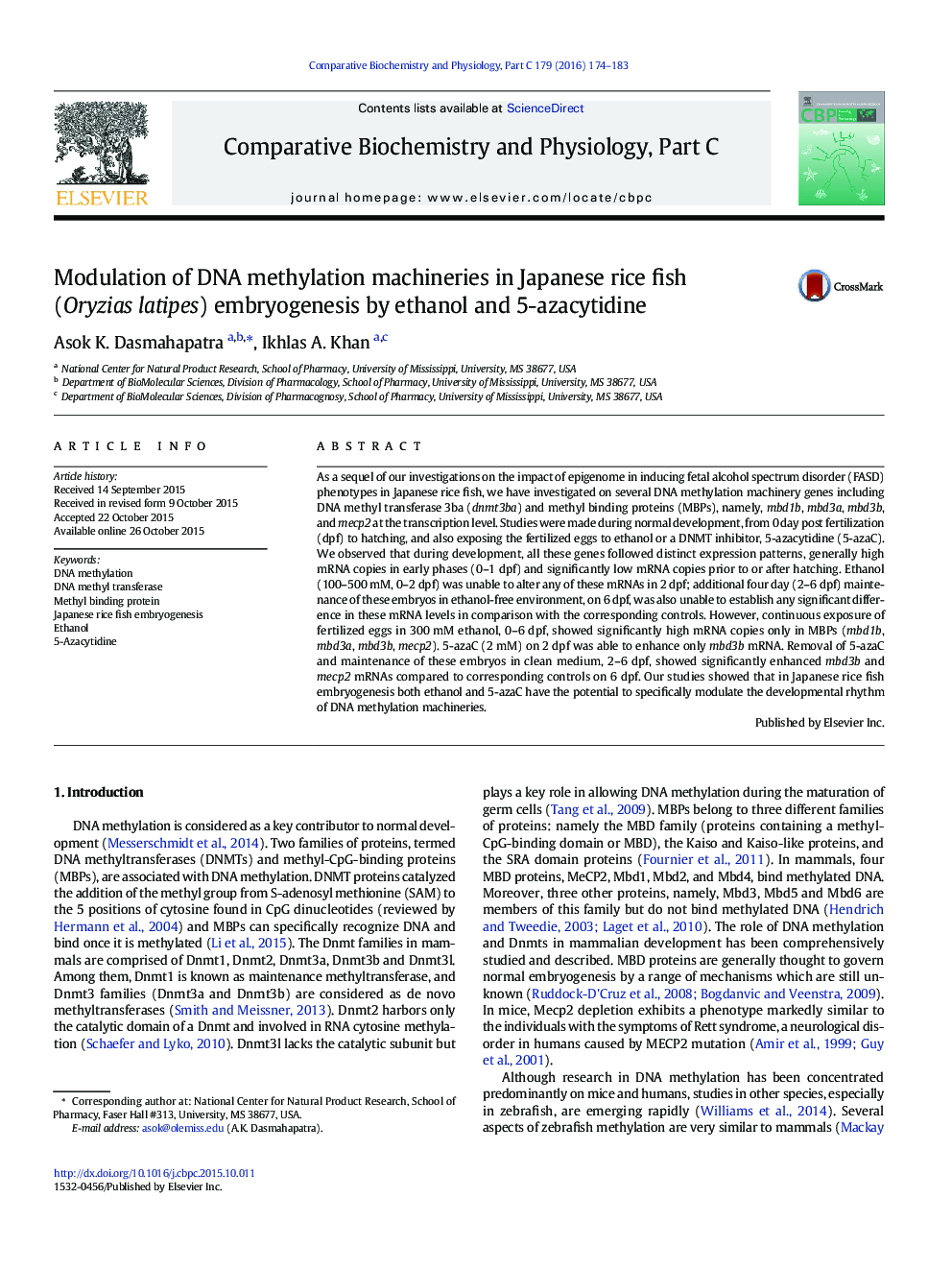 Modulation of DNA methylation machineries in Japanese rice fish (Oryzias latipes) embryogenesis by ethanol and 5-azacytidine