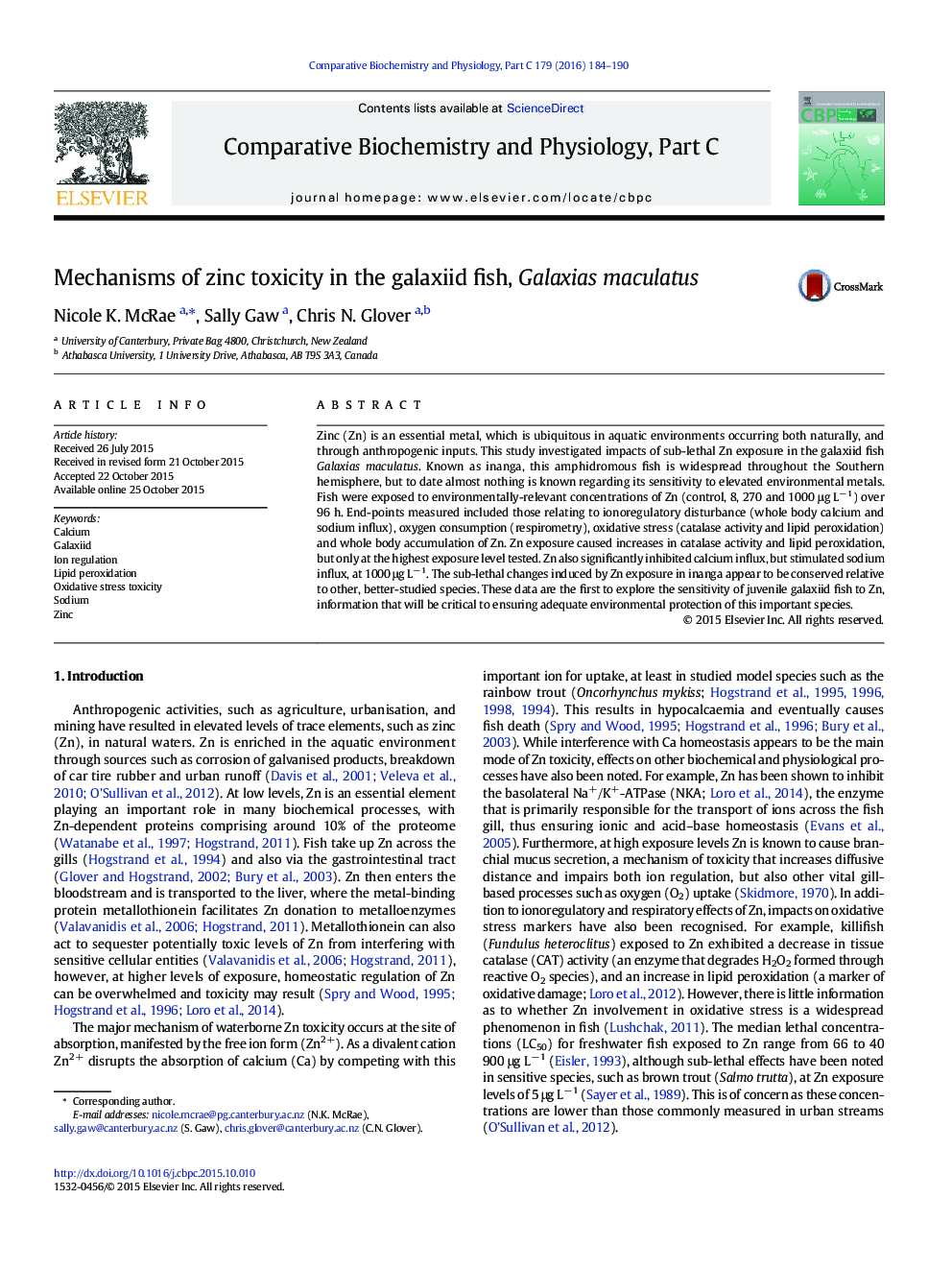 Mechanisms of zinc toxicity in the galaxiid fish, Galaxias maculatus