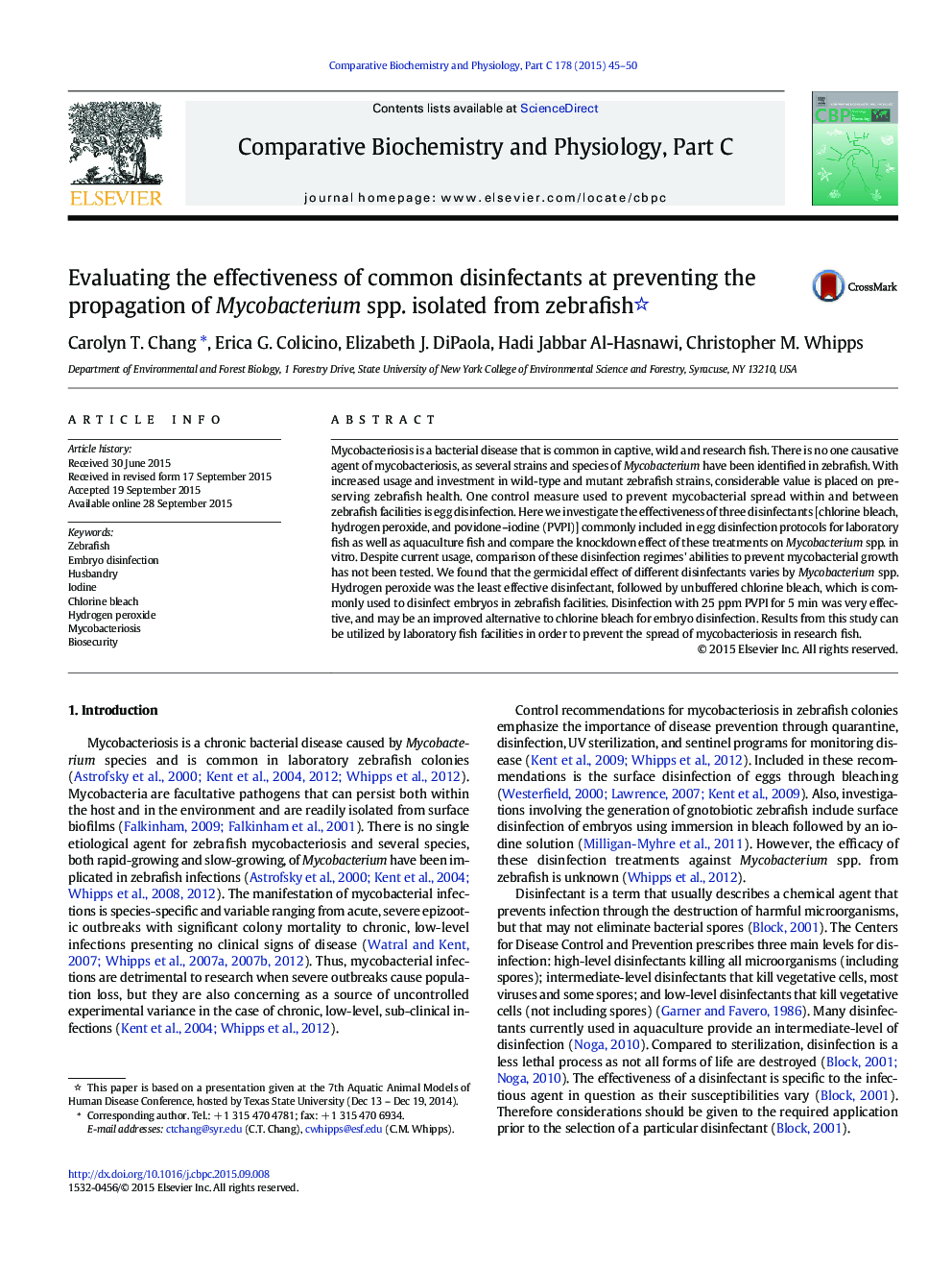 Evaluating the effectiveness of common disinfectants at preventing the propagation of Mycobacterium spp. isolated from zebrafish 