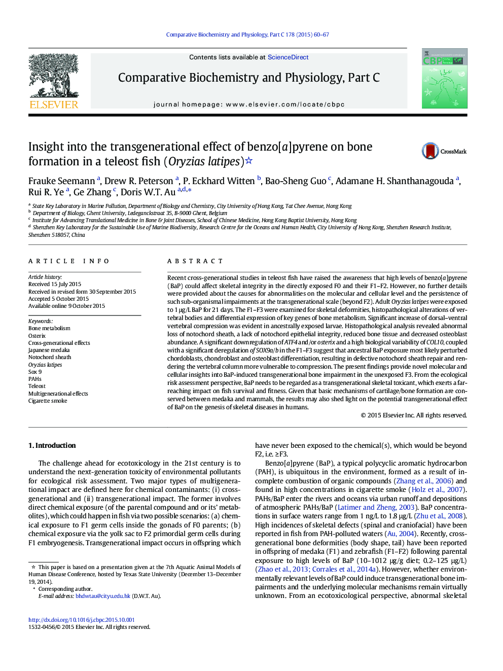 Insight into the transgenerational effect of benzo[a]pyrene on bone formation in a teleost fish (Oryzias latipes) 