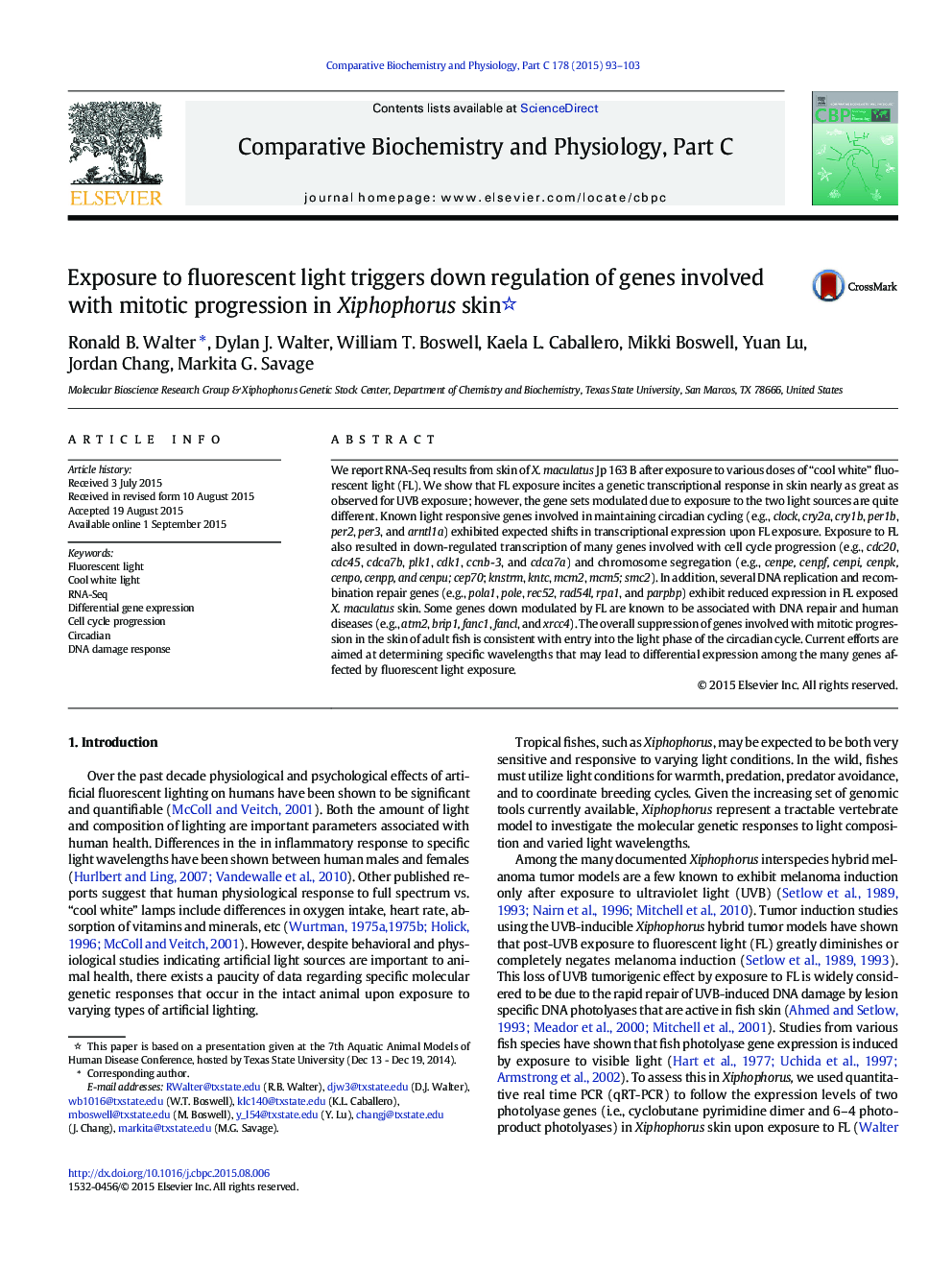 Exposure to fluorescent light triggers down regulation of genes involved with mitotic progression in Xiphophorus skin 