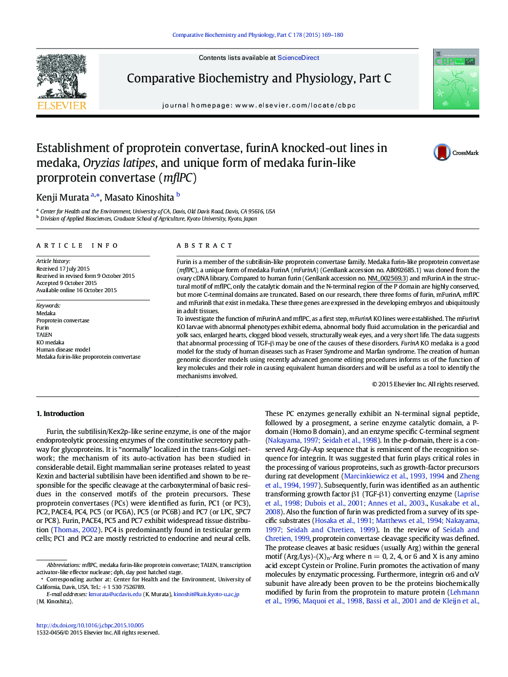 Establishment of proprotein convertase, furinA knocked-out lines in medaka, Oryzias latipes, and unique form of medaka furin-like prorprotein convertase (mflPC)