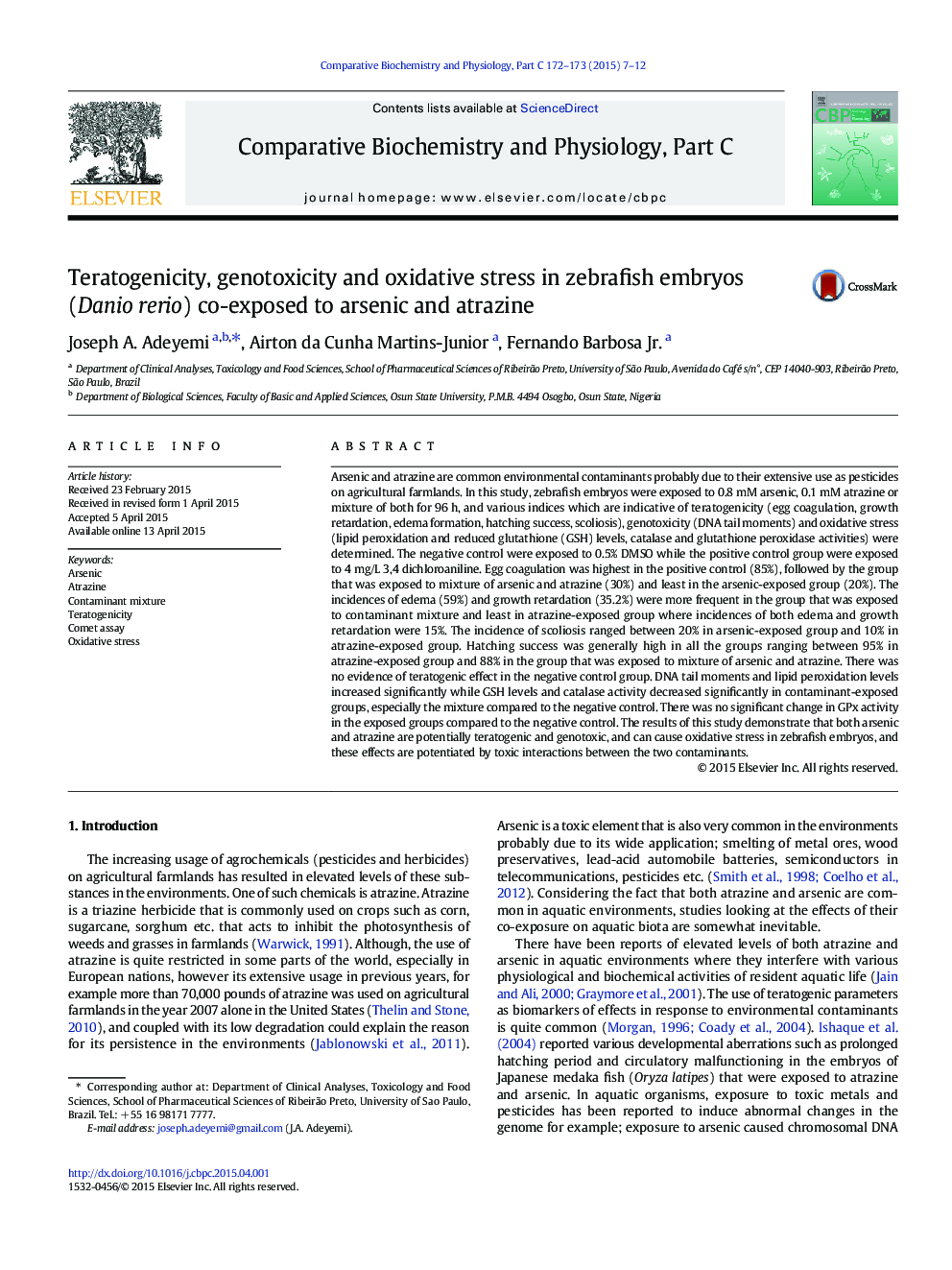 Teratogenicity, genotoxicity and oxidative stress in zebrafish embryos (Danio rerio) co-exposed to arsenic and atrazine