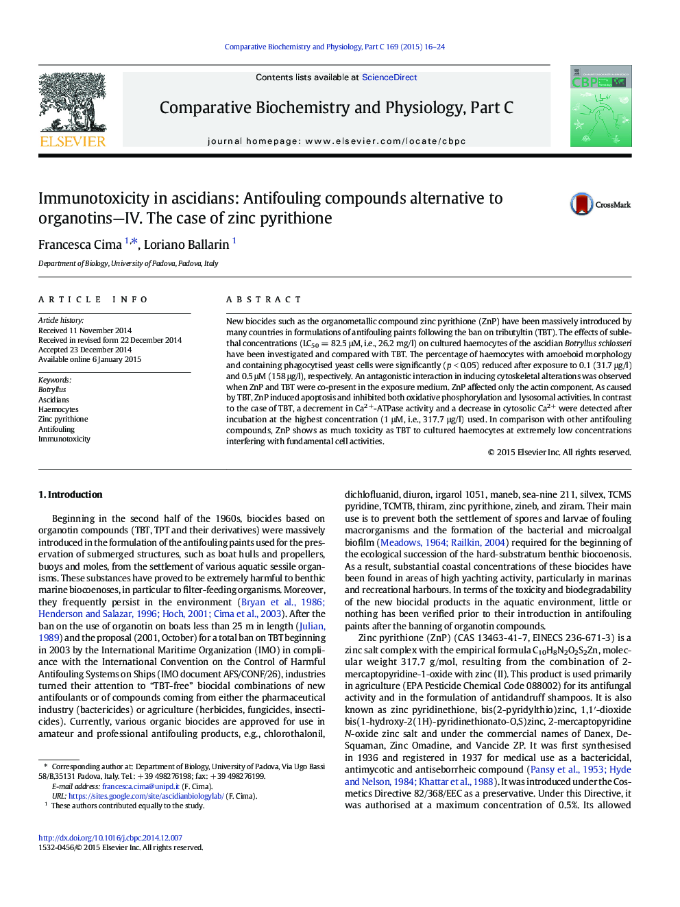 Immunotoxicity in ascidians: Antifouling compounds alternative to organotins—IV. The case of zinc pyrithione