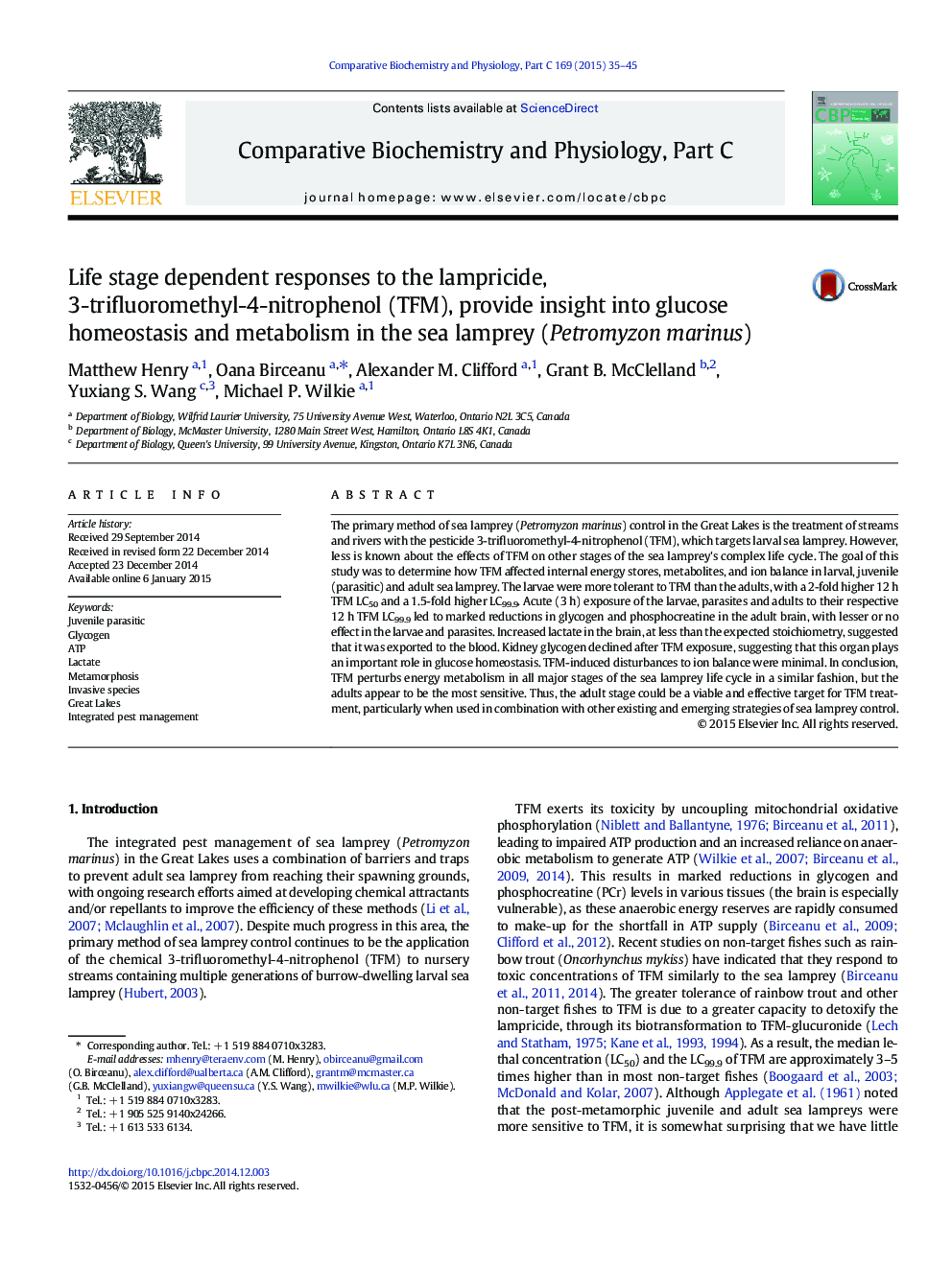 Life stage dependent responses to the lampricide, 3-trifluoromethyl-4-nitrophenol (TFM), provide insight into glucose homeostasis and metabolism in the sea lamprey (Petromyzon marinus)