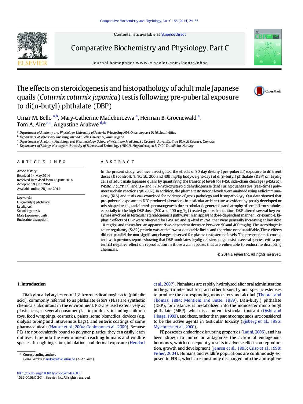 The effects on steroidogenesis and histopathology of adult male Japanese quails (Coturnix coturnix japonica) testis following pre-pubertal exposure to di(n-butyl) phthalate (DBP)