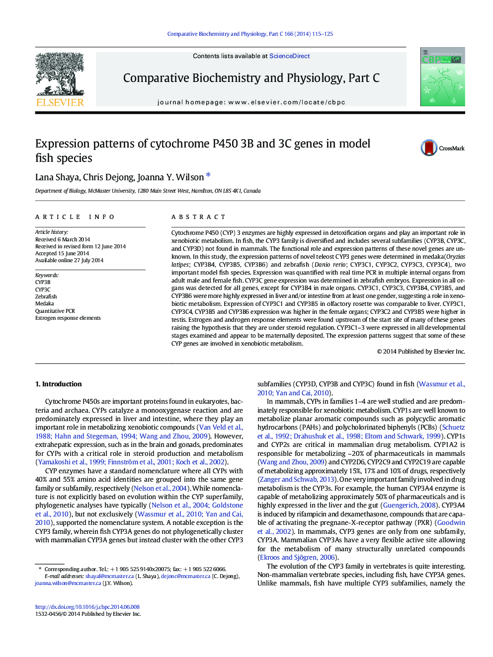 Expression patterns of cytochrome P450 3B and 3C genes in model fish species