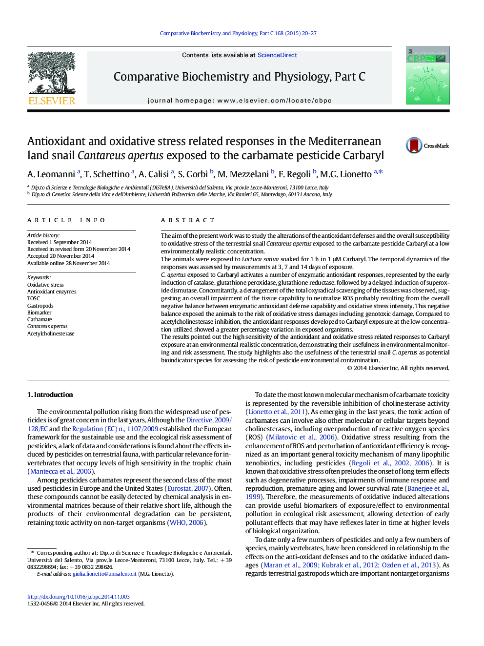 Antioxidant and oxidative stress related responses in the Mediterranean land snail Cantareus apertus exposed to the carbamate pesticide Carbaryl