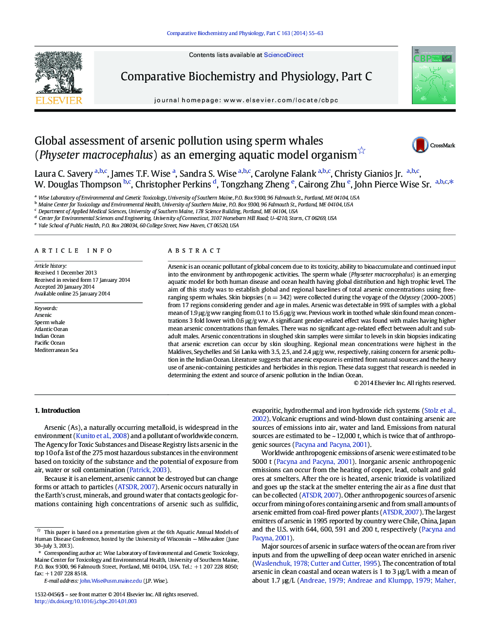 Global assessment of arsenic pollution using sperm whales (Physeter macrocephalus) as an emerging aquatic model organism 