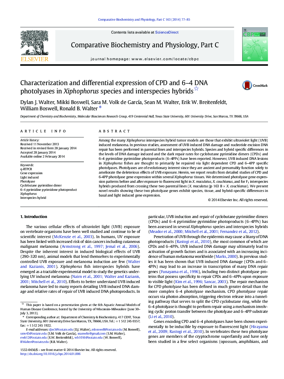 Characterization and differential expression of CPD and 6–4 DNA photolyases in Xiphophorus species and interspecies hybrids 