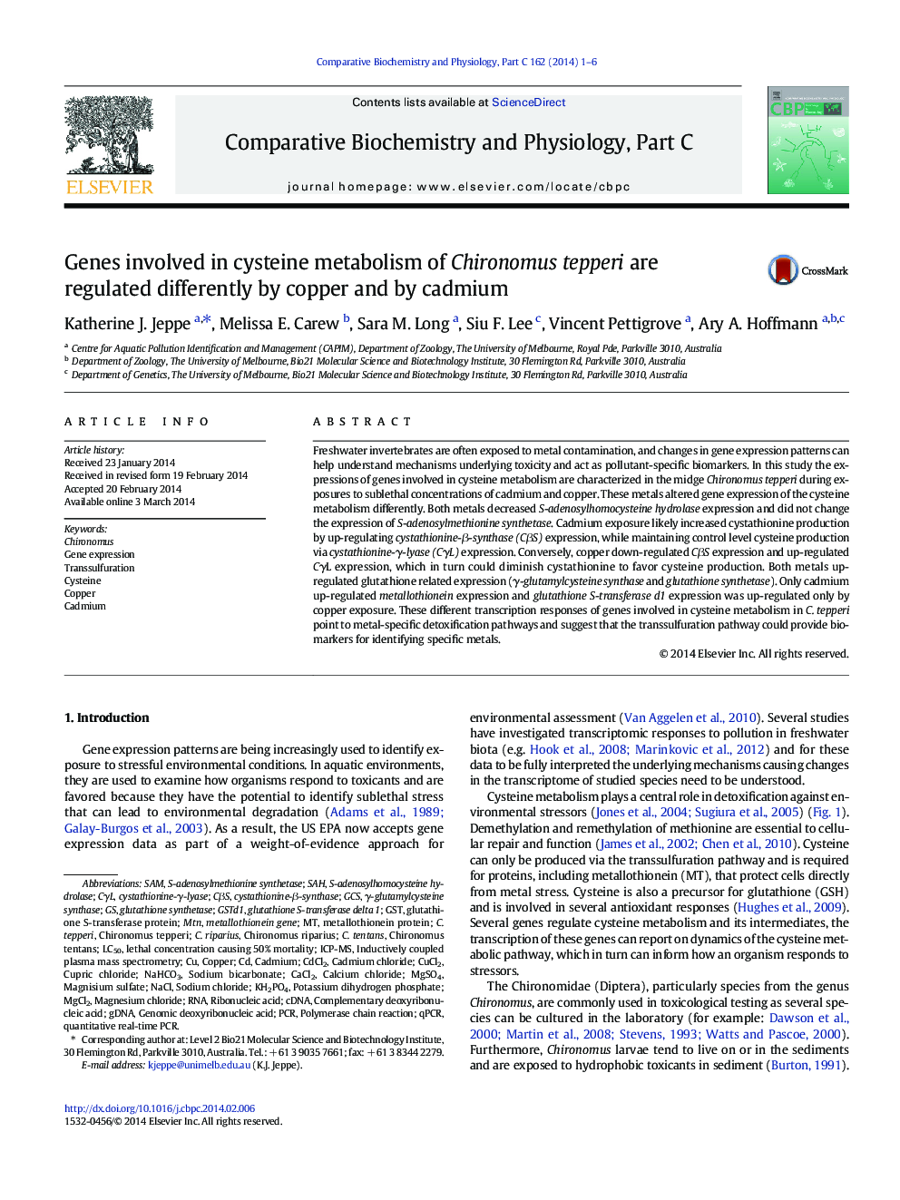 Genes involved in cysteine metabolism of Chironomus tepperi are regulated differently by copper and by cadmium