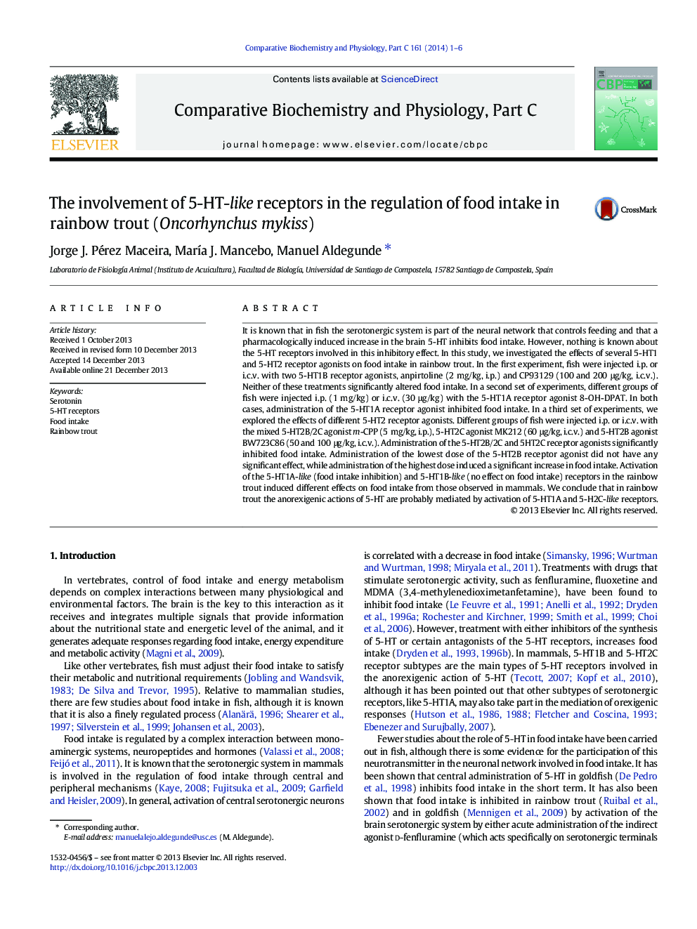 The involvement of 5-HT-like receptors in the regulation of food intake in rainbow trout (Oncorhynchus mykiss)